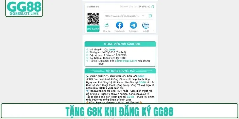 Tặng 68K khi đăng ký GG88